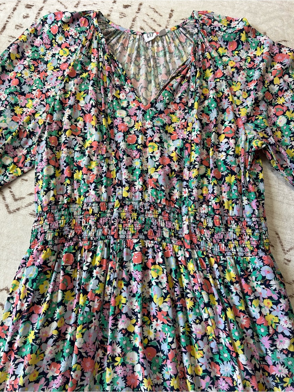 GAP Floral Smocked Waist Mini Dress Long Sleeve Cottagecore Size L Boho - Picture 4 of 7
